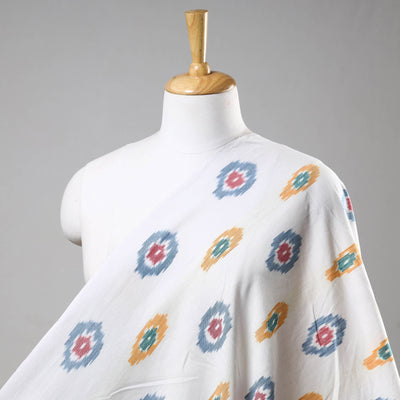 White & Multicolour Motifs Pochampally Central Asian Ikat Cotton Handloom Fabric