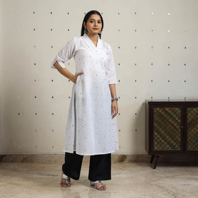 White - A-Line Cotton Jacquard Kurta 10