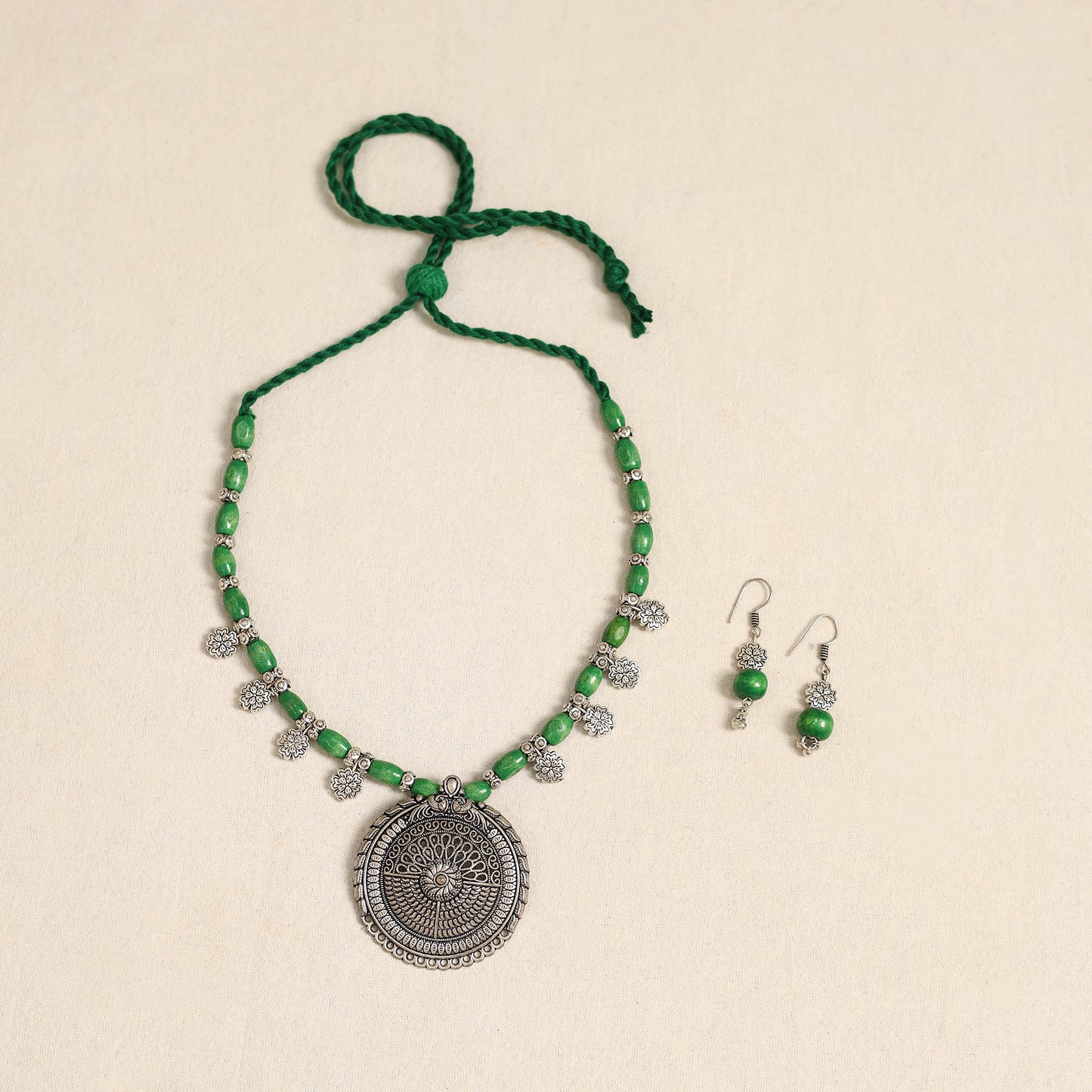 Green - german silver wooden beads necklace set 62