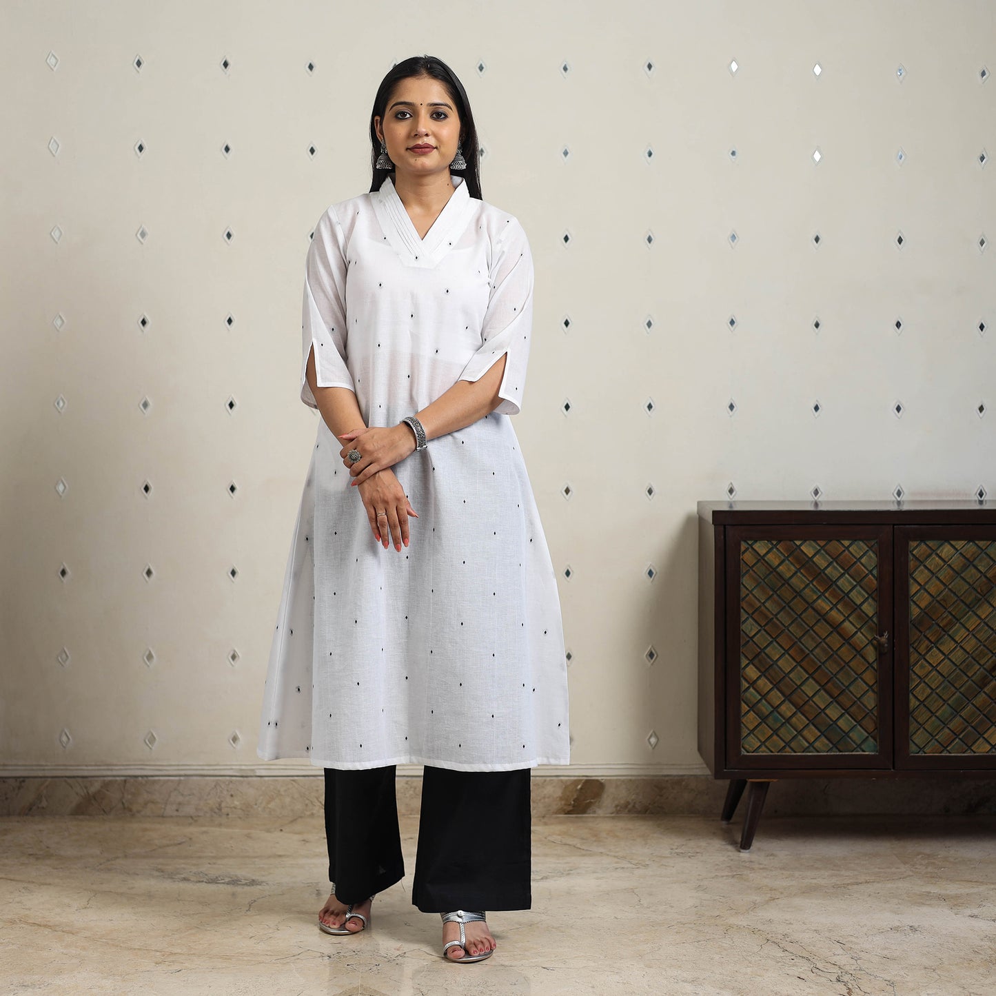 White - A-Line Cotton Jacquard Kurta 10