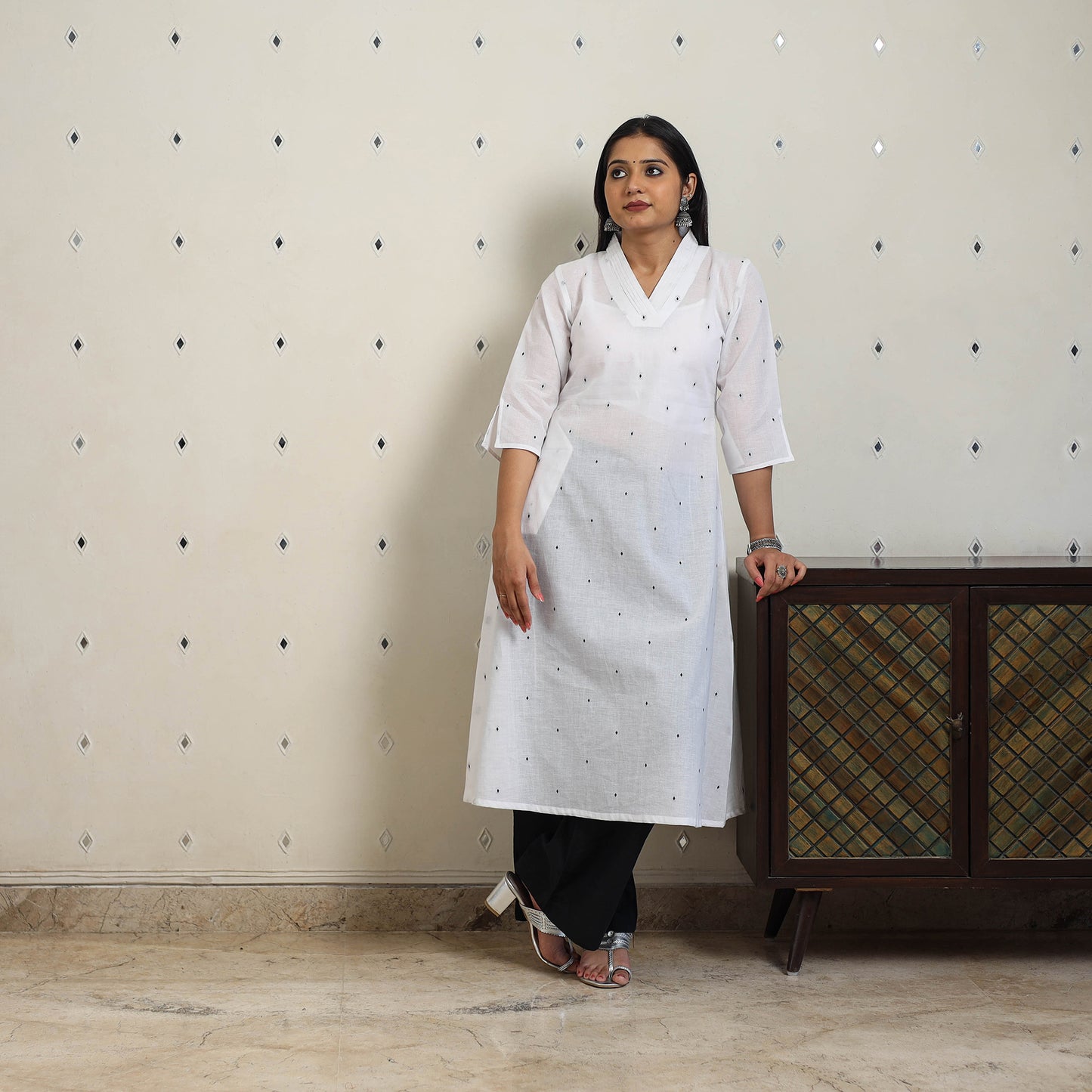 White - A-Line Cotton Jacquard Kurta 10