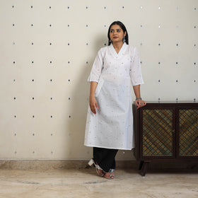 White - A-Line Cotton Jacquard Kurta 10