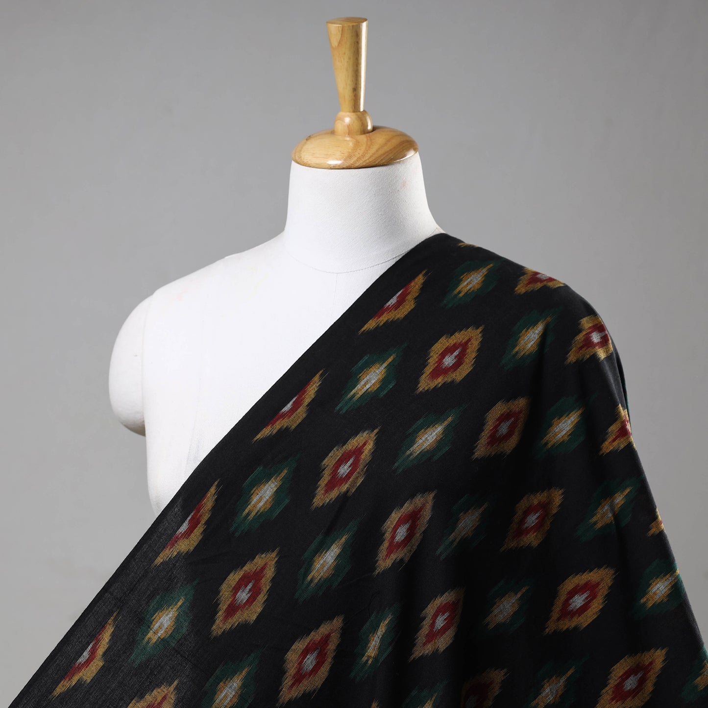 Black With Multicoloured Butta Pochampally Central Asian Ikat Cotton Handloom Fabric