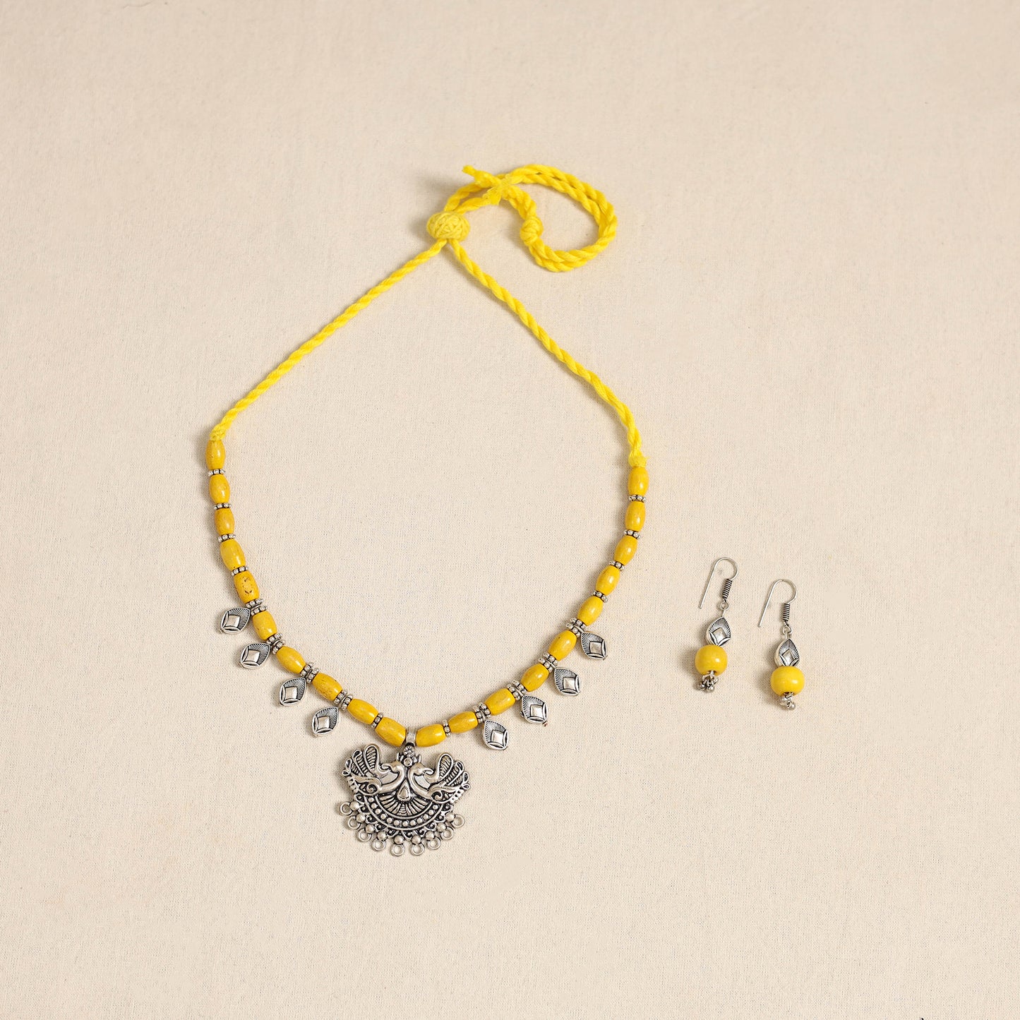 Yellow - german silver wooden beads necklace set 61