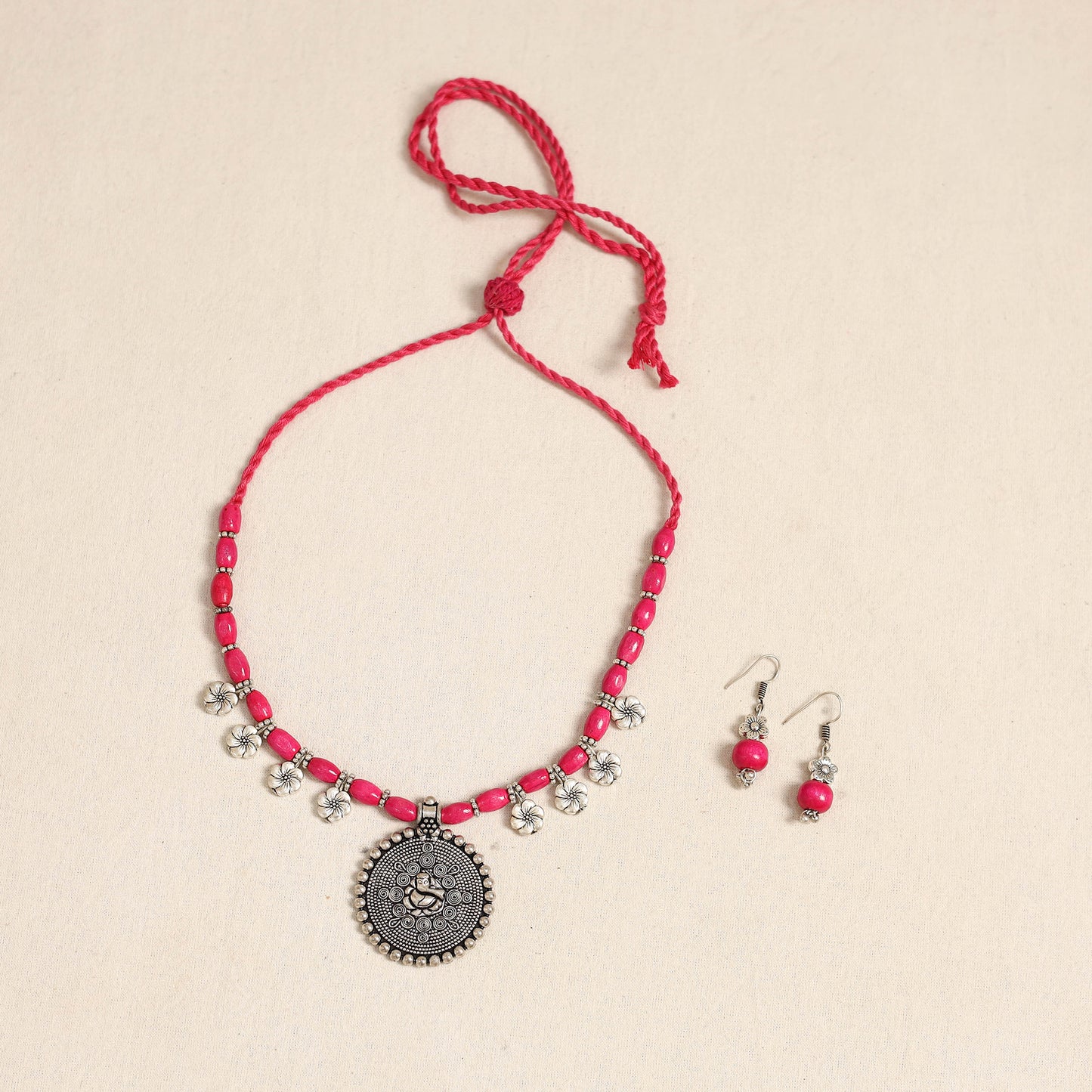 Pink - german silver wooden beads necklace set 60