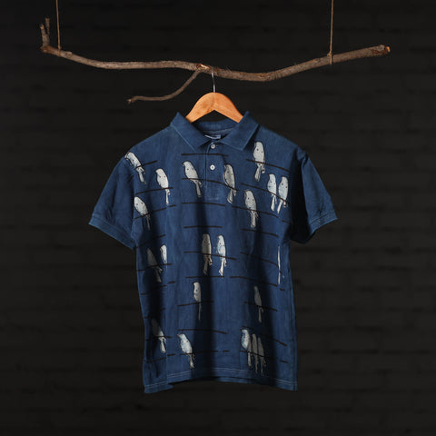 Blue - Bindaas Natural Dyed Art Block Print Polo Collar T-shirt in Cotton