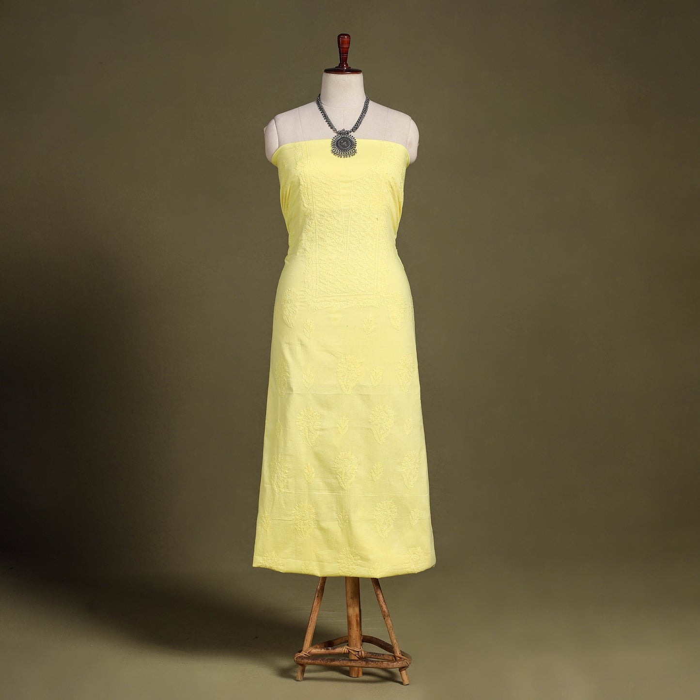 Yellow Hand Embroidery Mul Cotton Chikankari Kurta Material
