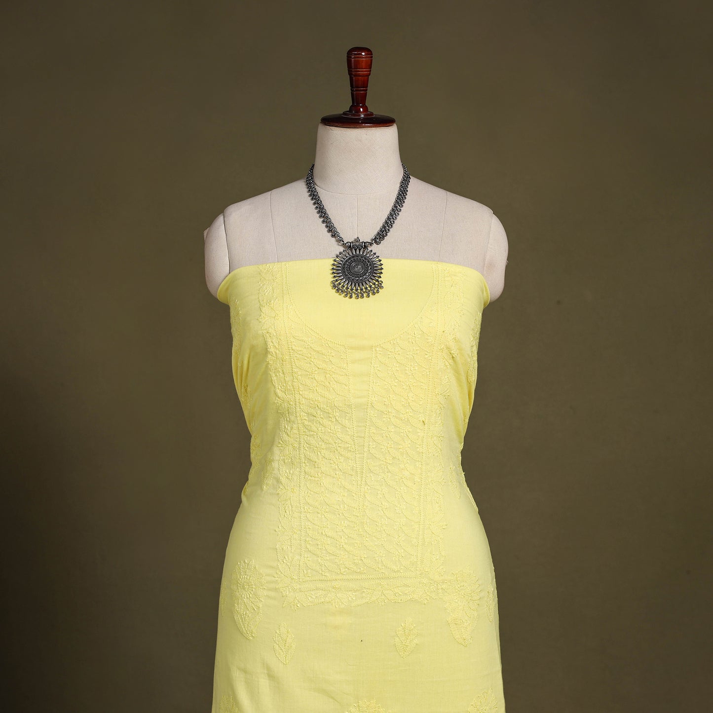 Yellow Hand Embroidery Mul Cotton Chikankari Kurta Material