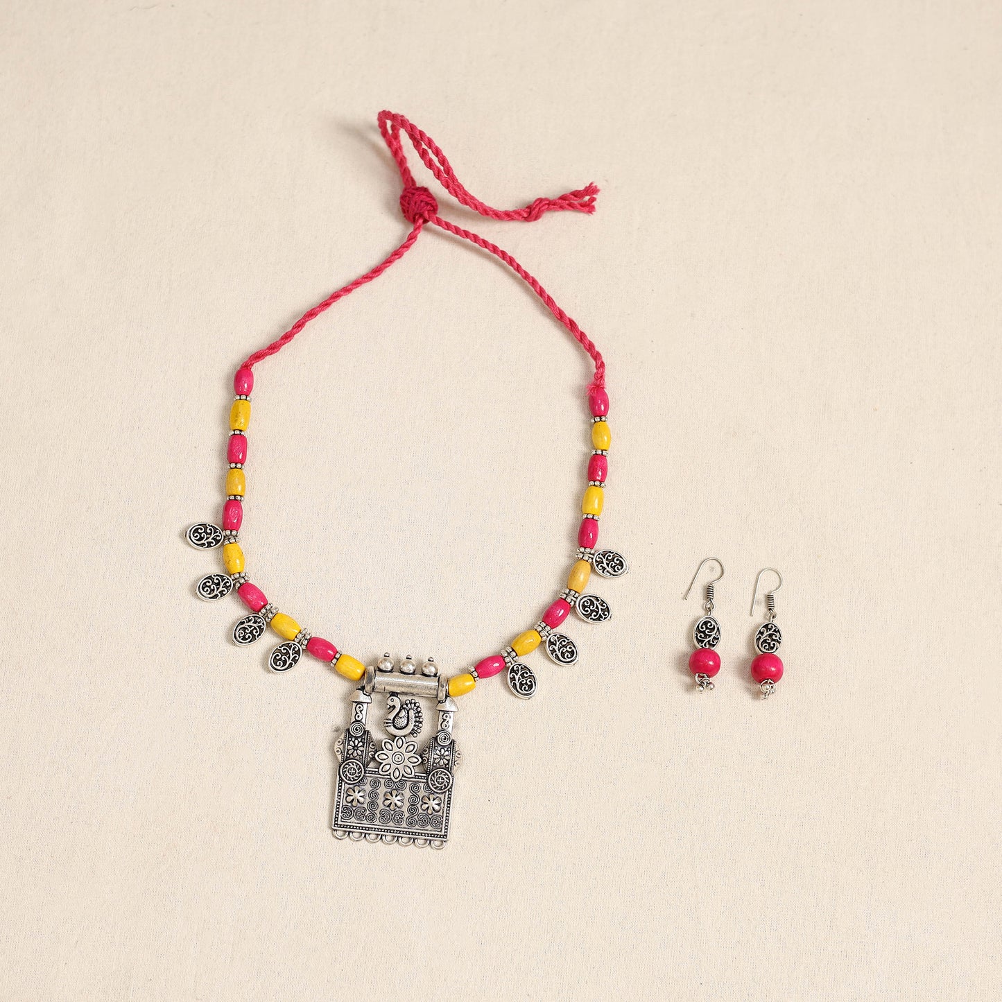 Pink - german silver wooden beads necklace set 58