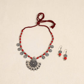 Red - german silver wooden beads necklace set 57