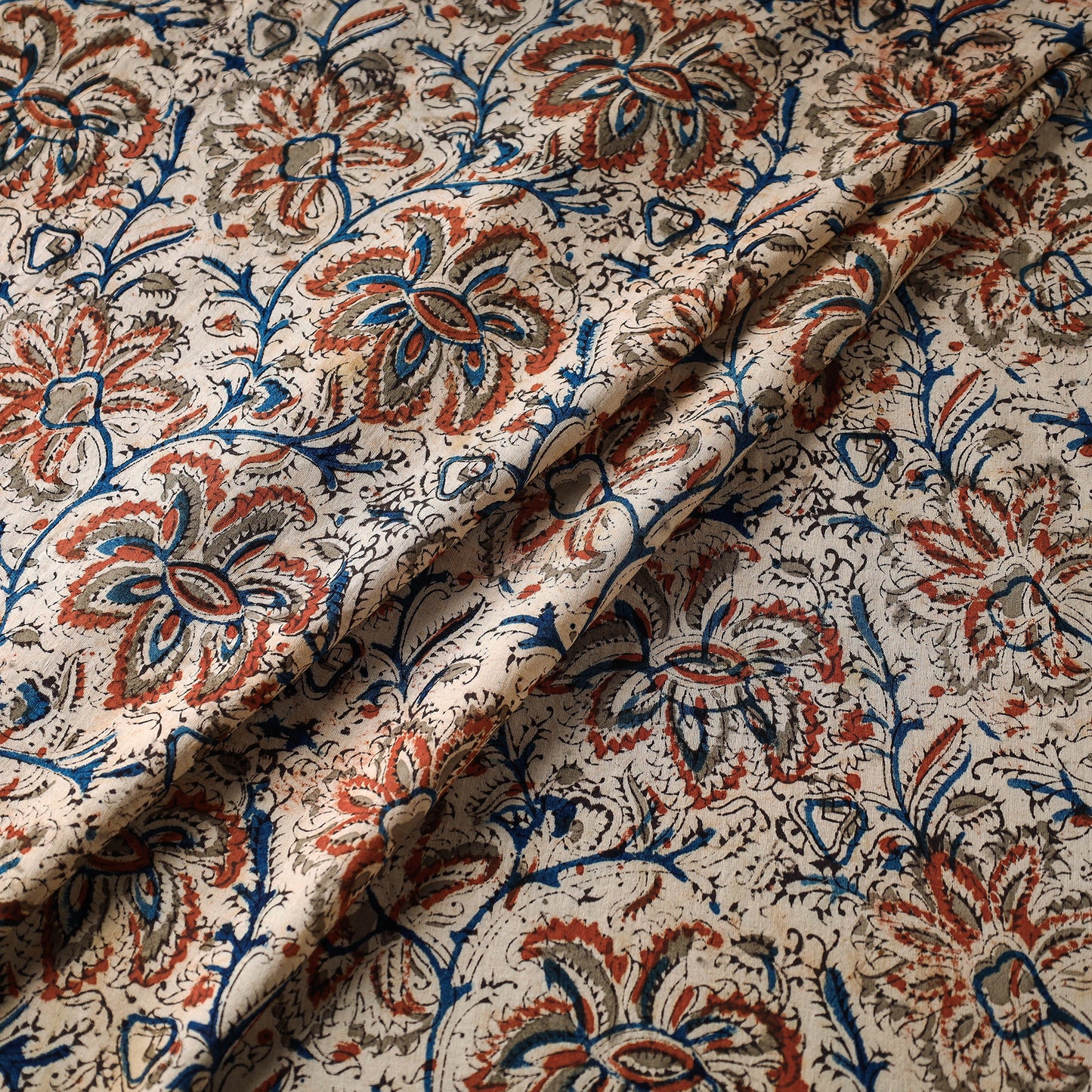 Beige Block Print Cotton Kalamkari Fabric