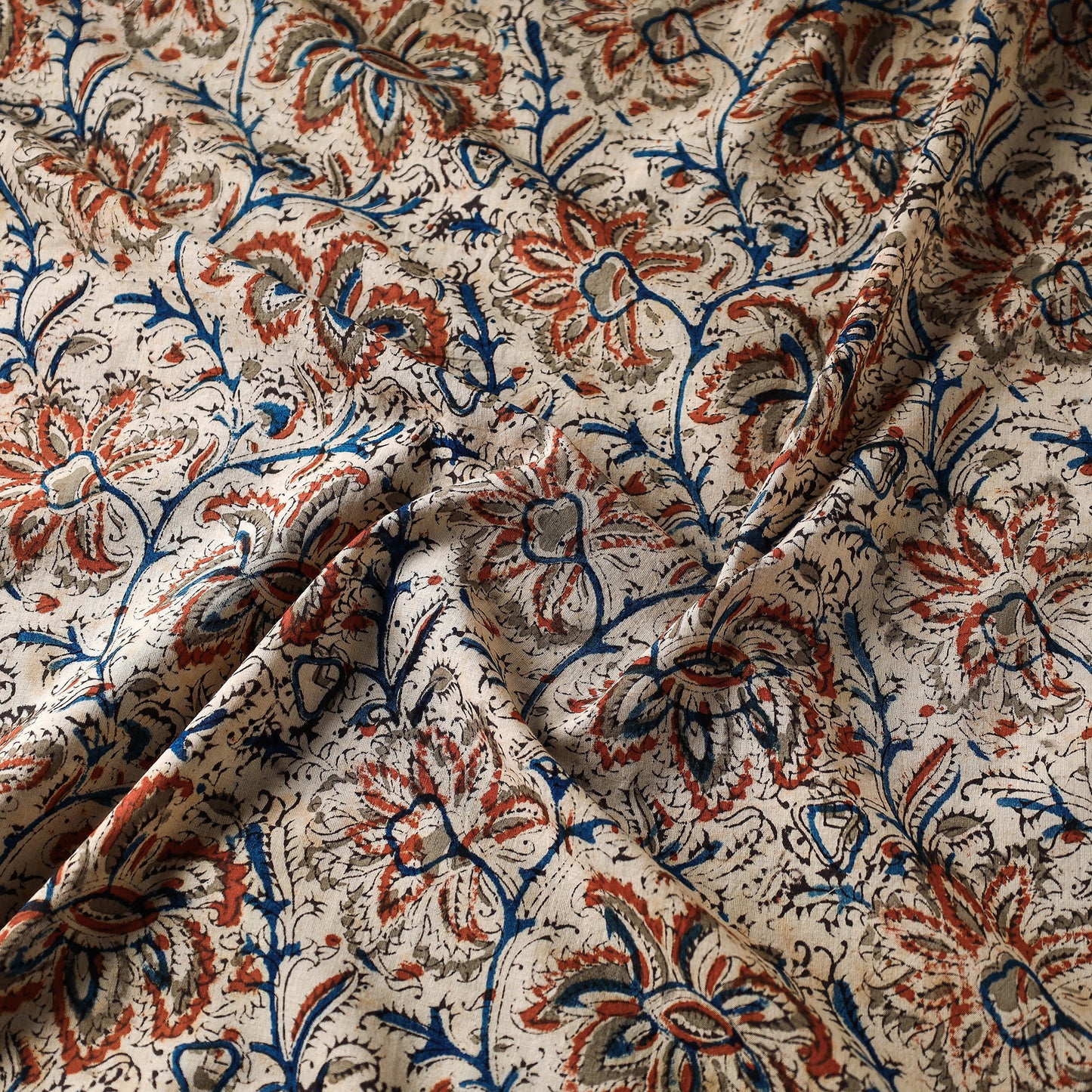 Beige Block Print Cotton Kalamkari Fabric