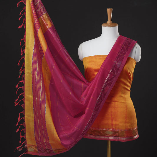 Orange - 3pc Mangalagiri Handloom Pattu Silk Suit Material Set with Zari Border