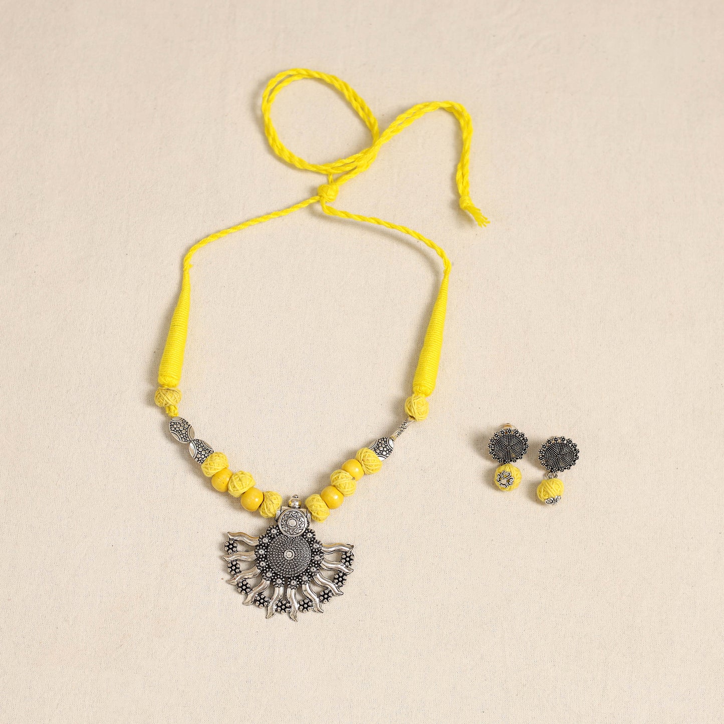 Yellow - german silver necklace set with beads 51