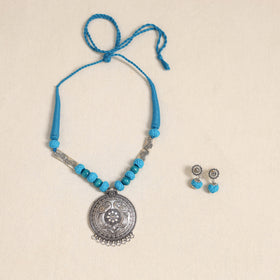 Blue - german silver necklace set with beads 49