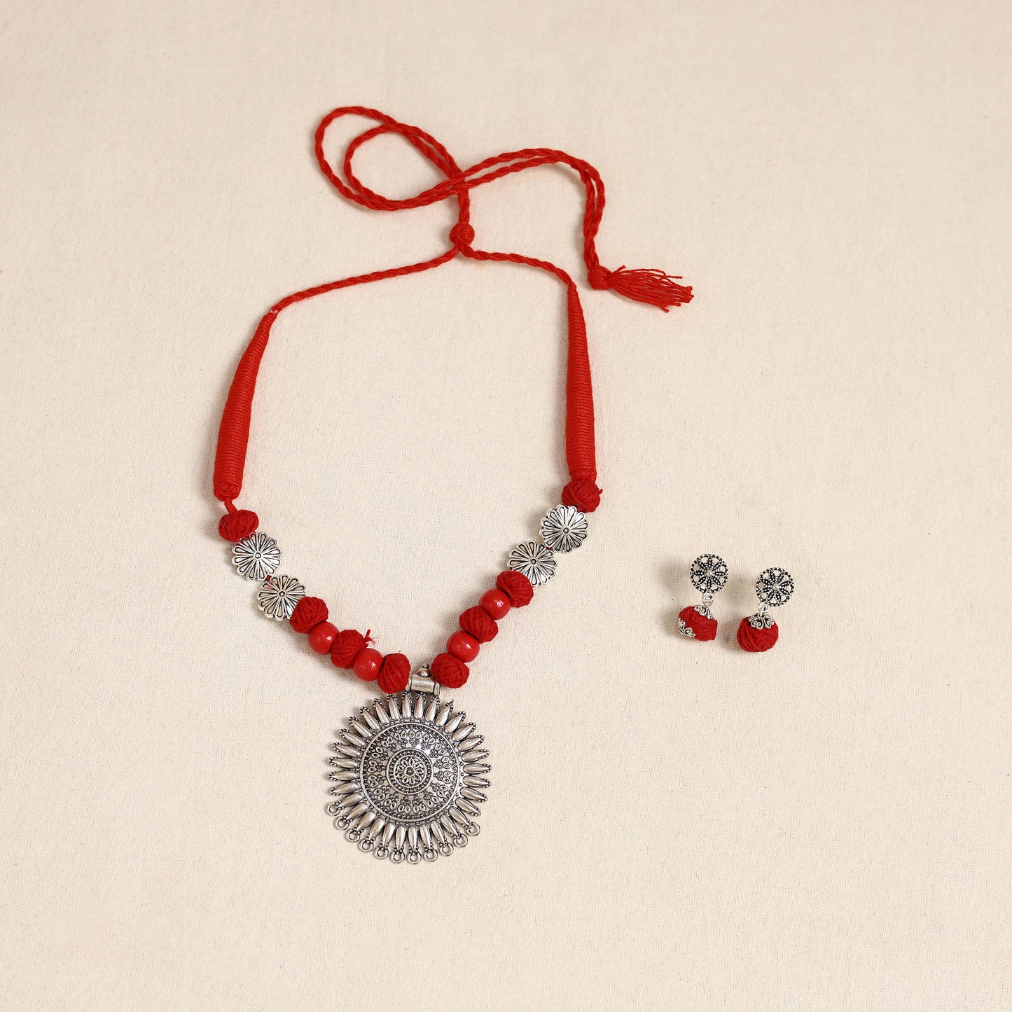 Red - german silver necklace set with beads 48 - handcrafted