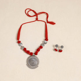 Red - german silver necklace set with beads 48 - handcrafted