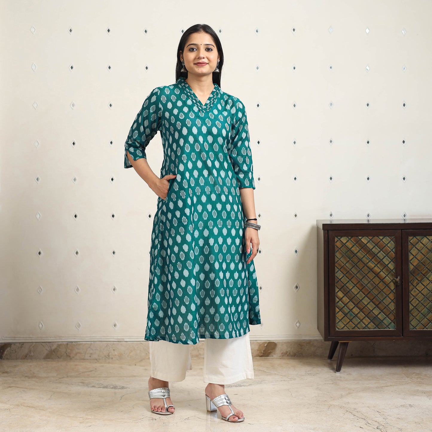 Green Handloom Cotton A-Line Pochampally Ikat Kurta