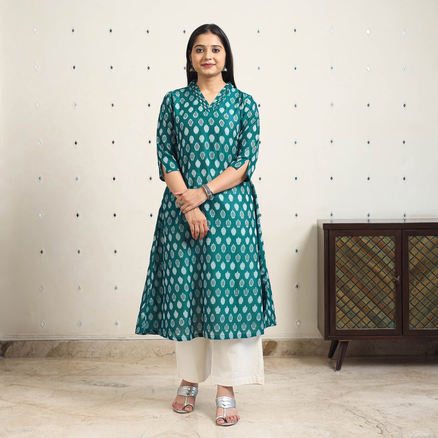 Green Handloom Cotton A-Line Pochampally Ikat Kurta