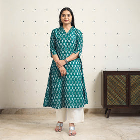 Green Handloom Cotton A-Line Pochampally Ikat Kurta