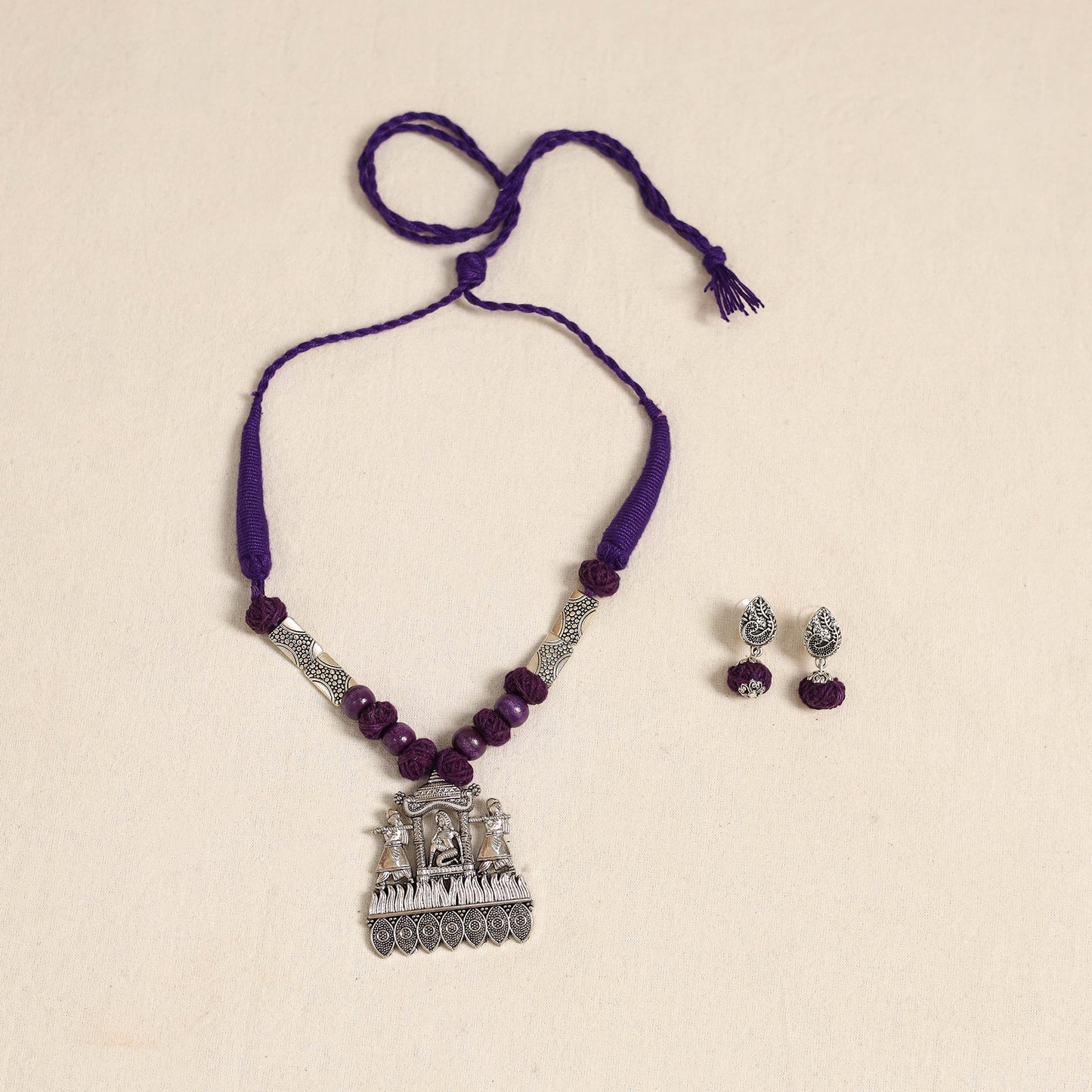 Purple - german silver necklace set with beads 46