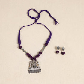 Purple - german silver necklace set with beads 46