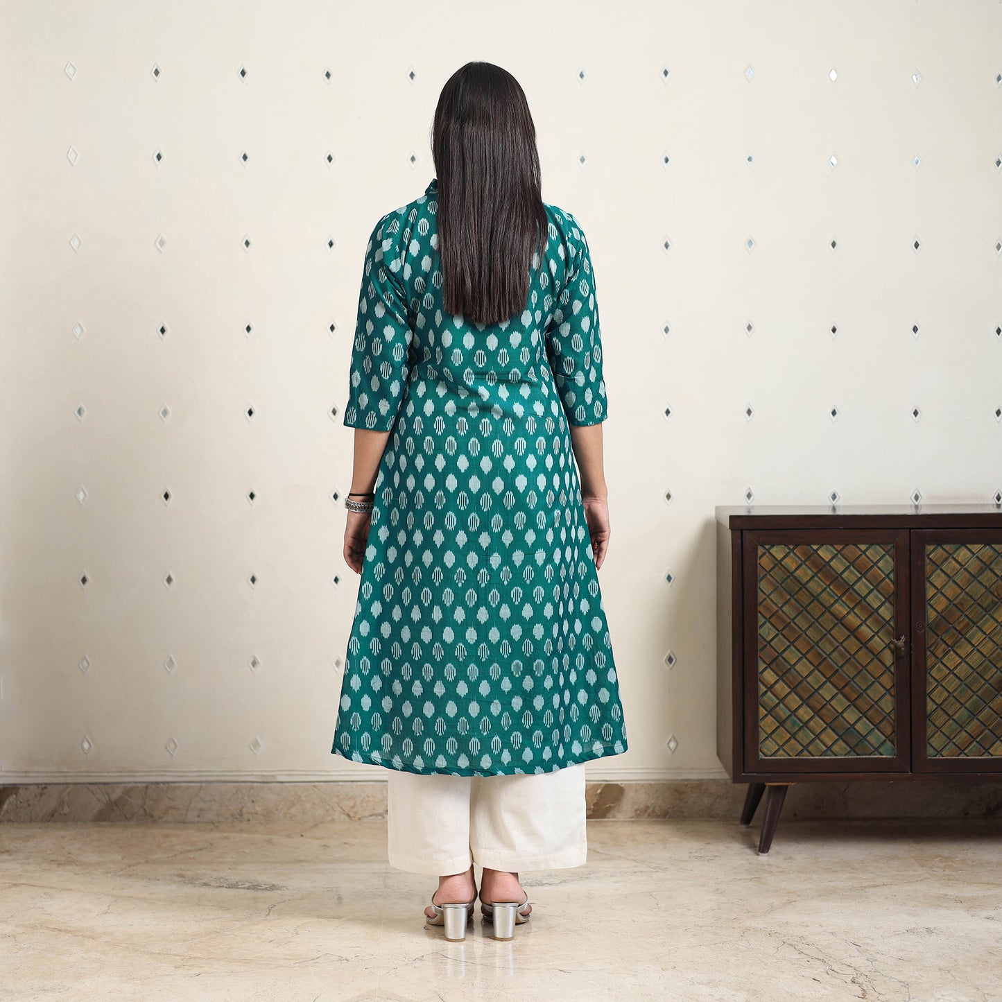 Green Handloom Cotton A-Line Pochampally Ikat Kurta