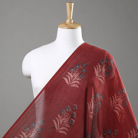 Red - Leafy Floral Butta Pattern Mul Cotton Ajrakh Print Fabric