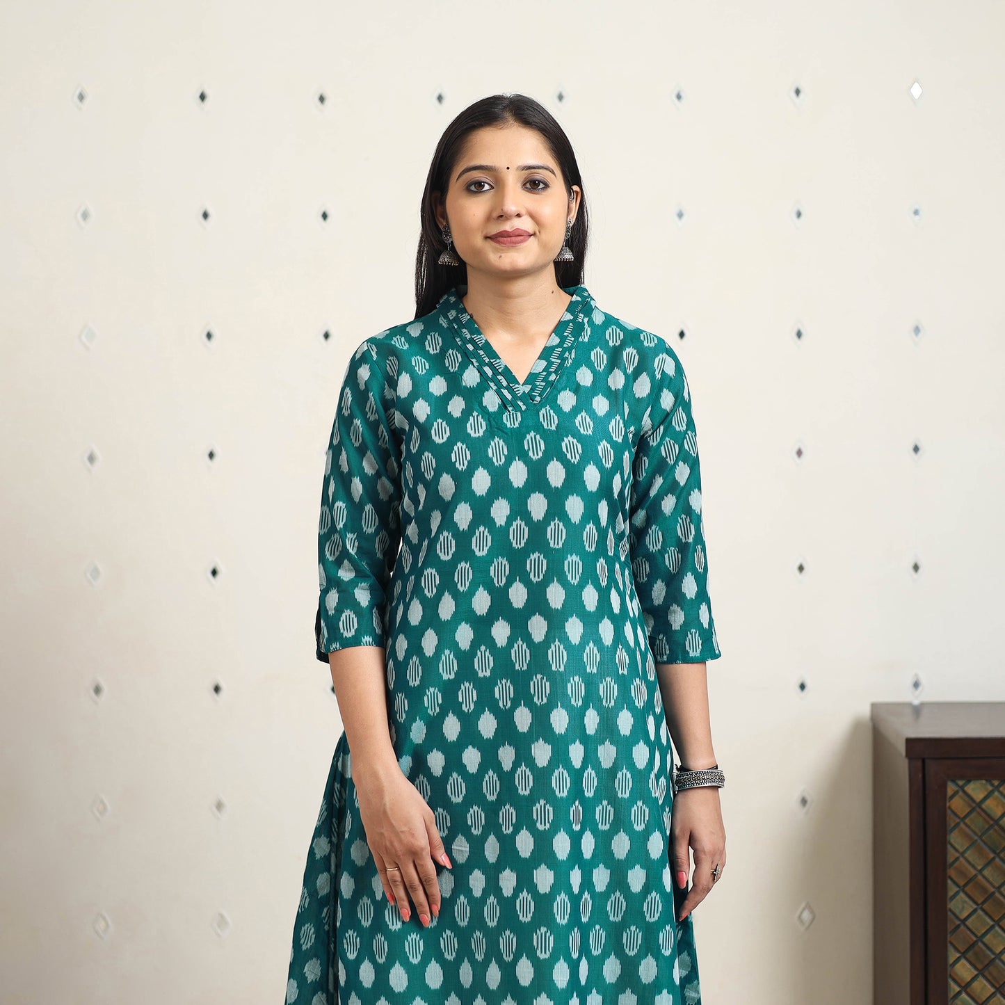 Green Handloom Cotton A-Line Pochampally Ikat Kurta