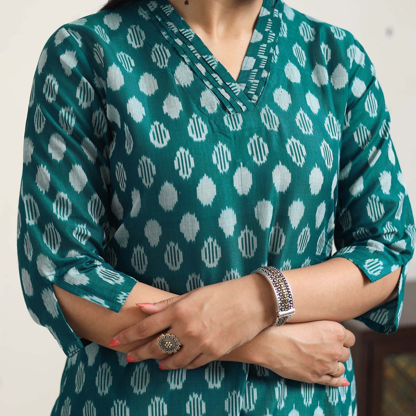 Green Handloom Cotton A-Line Pochampally Ikat Kurta