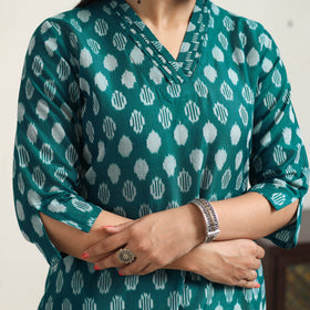 Green Handloom Cotton A-Line Pochampally Ikat Kurta