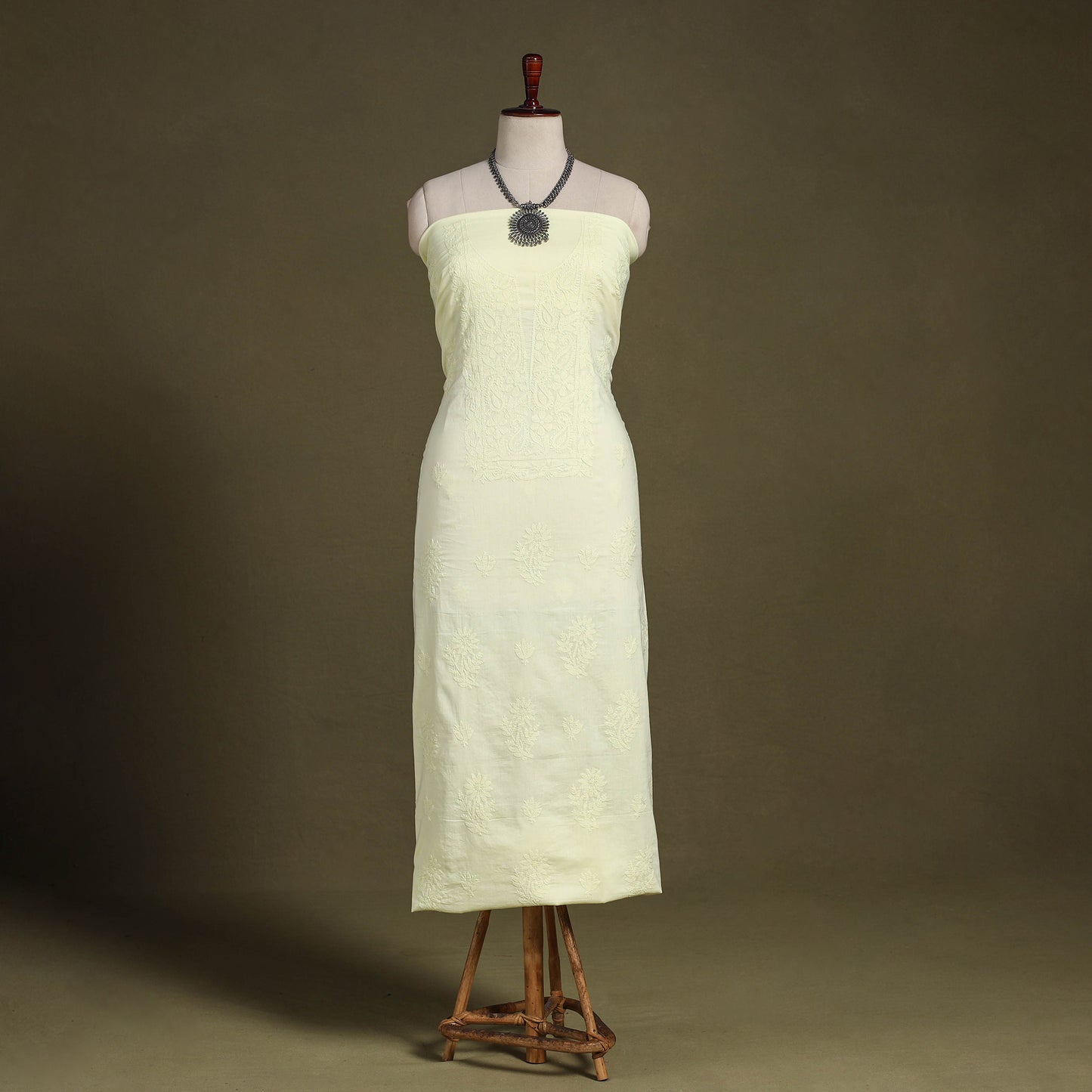 Yellow Hand Embroidery Mul Cotton Chikankari Kurta Material