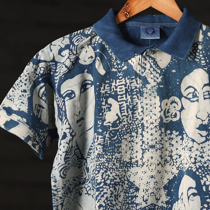 Bindaas Natural Dyed Art Block Print Unisex Polo Collar T-shirt in Cotton