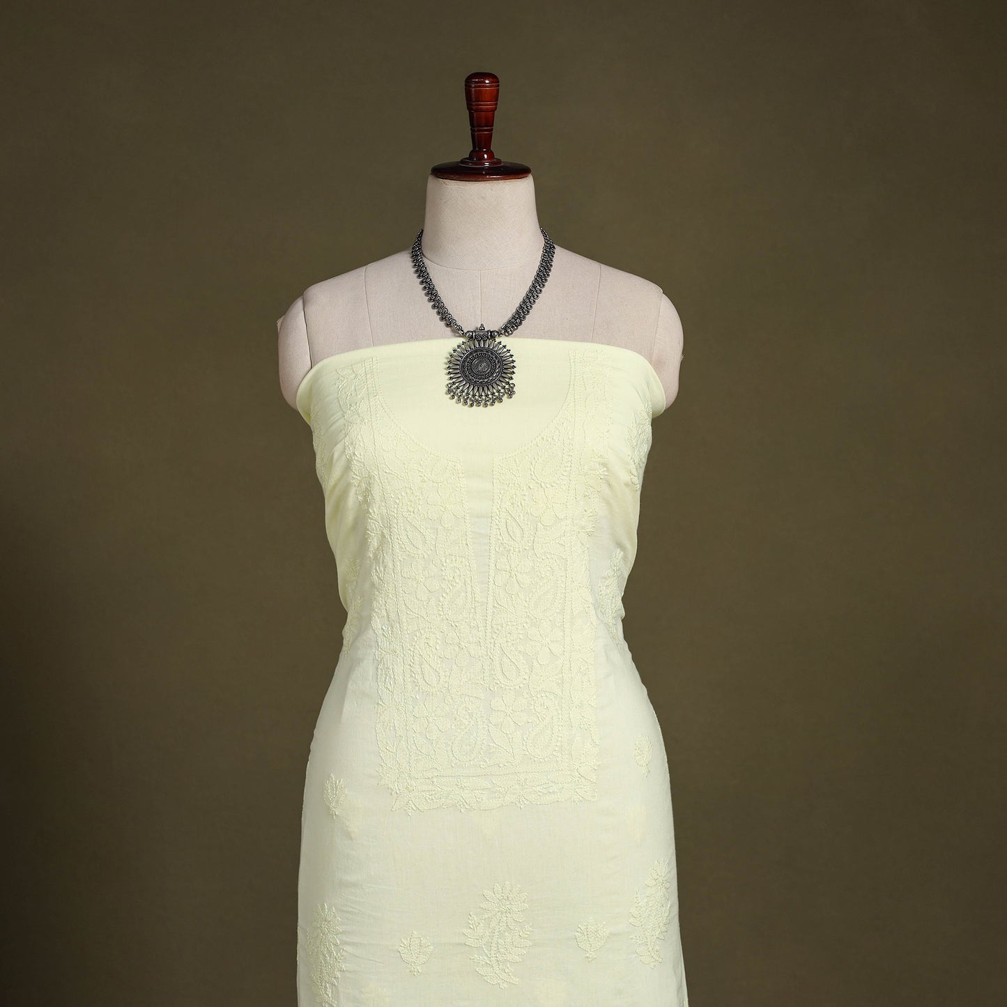 Yellow Hand Embroidery Mul Cotton Chikankari Kurta Material