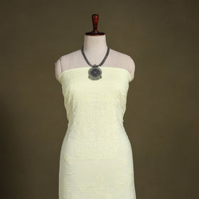Yellow Hand Embroidery Mul Cotton Chikankari Kurta Material