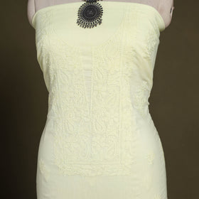 Yellow Hand Embroidery Mul Cotton Chikankari Kurta Material