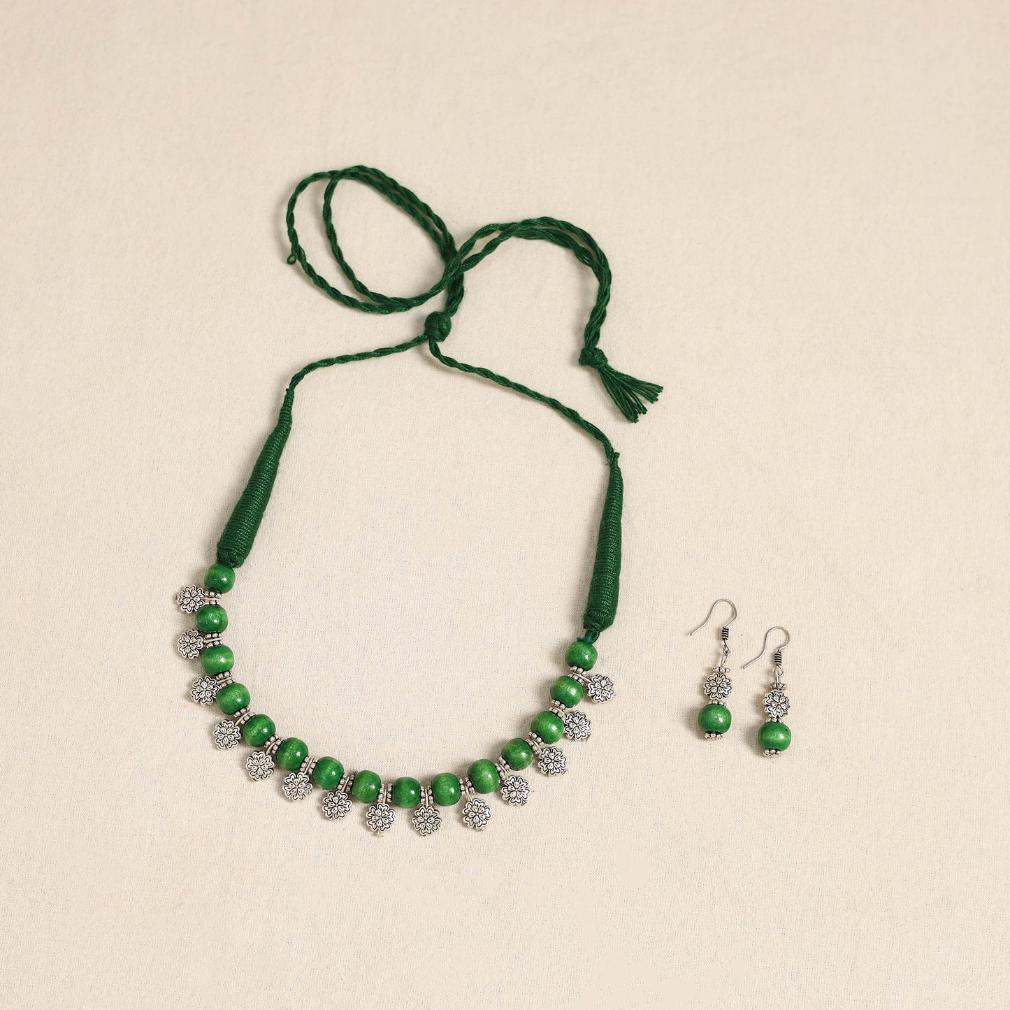 Green - german silver wooden beads necklace set 41