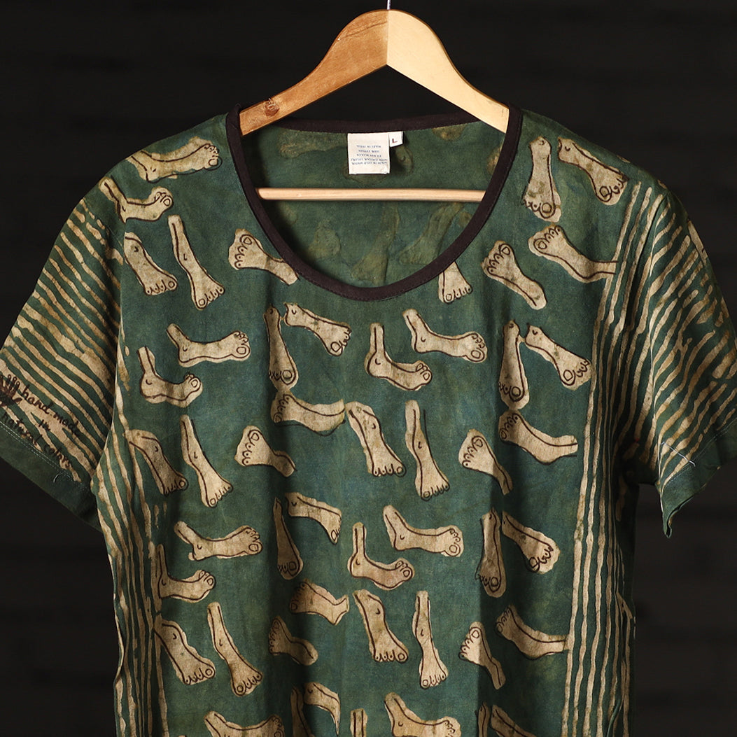 Green - Bindaas Natural Dyed Art Block Print Women Round Neck T-shirt in Pure Cotton