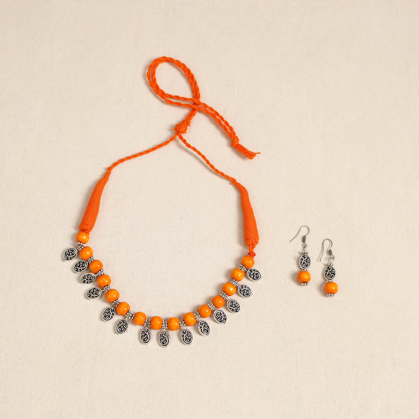 Orange - german silver wooden beads necklace set 38