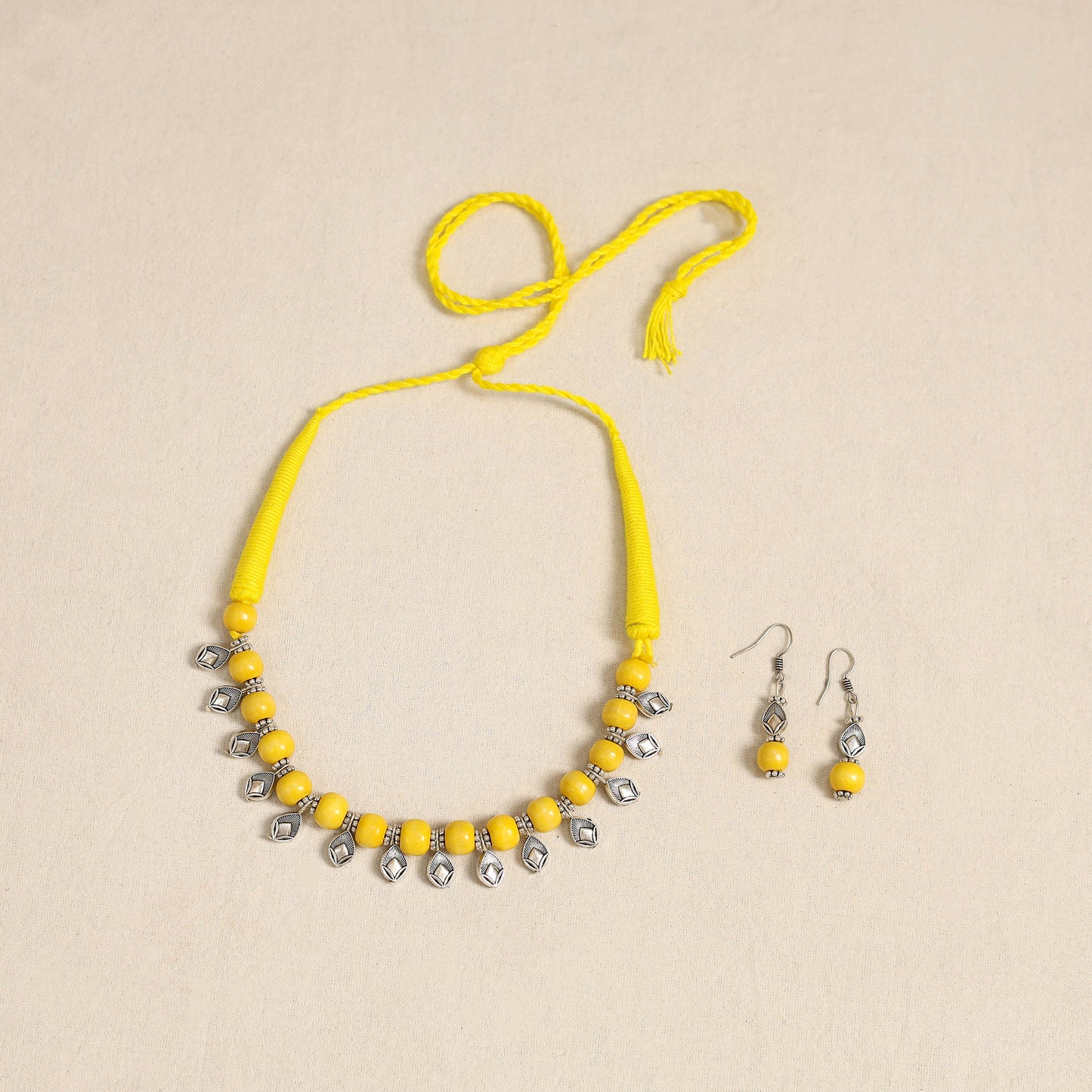 Yellow - german silver wooden beads necklace set 37