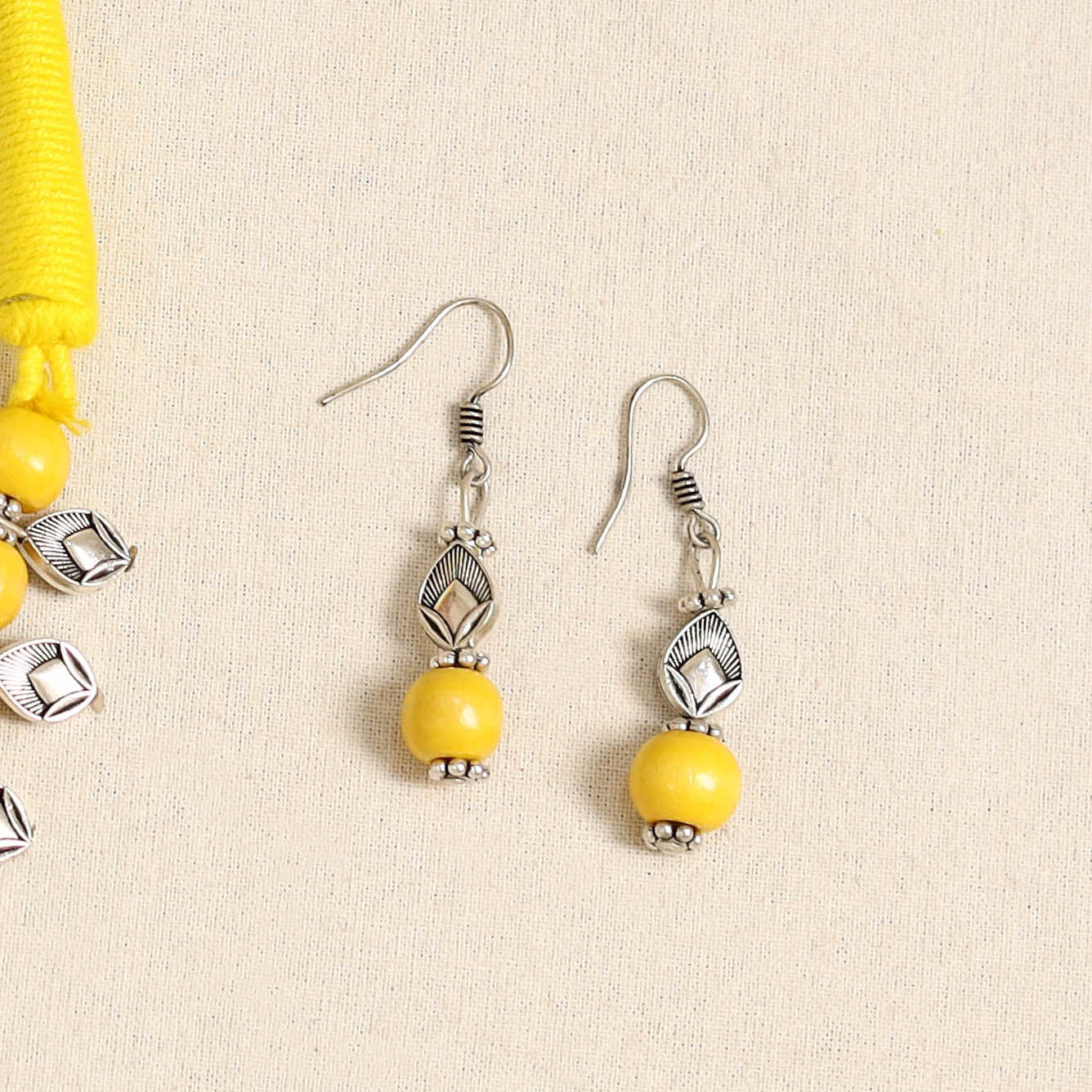 Yellow - german silver wooden beads necklace set 37