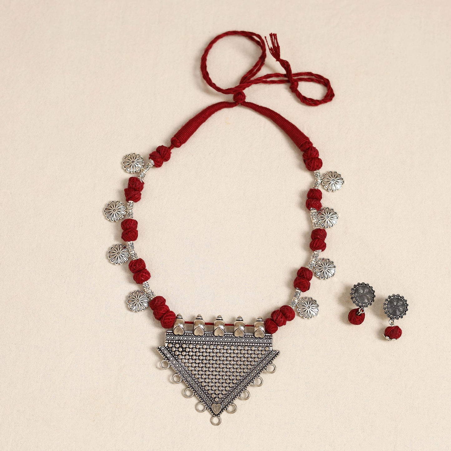 Red - german silver thread beads necklace set 35