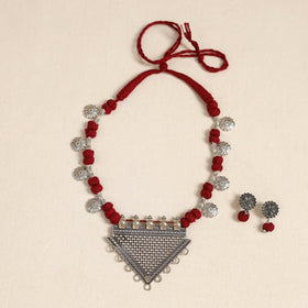 Red - german silver thread beads necklace set 35