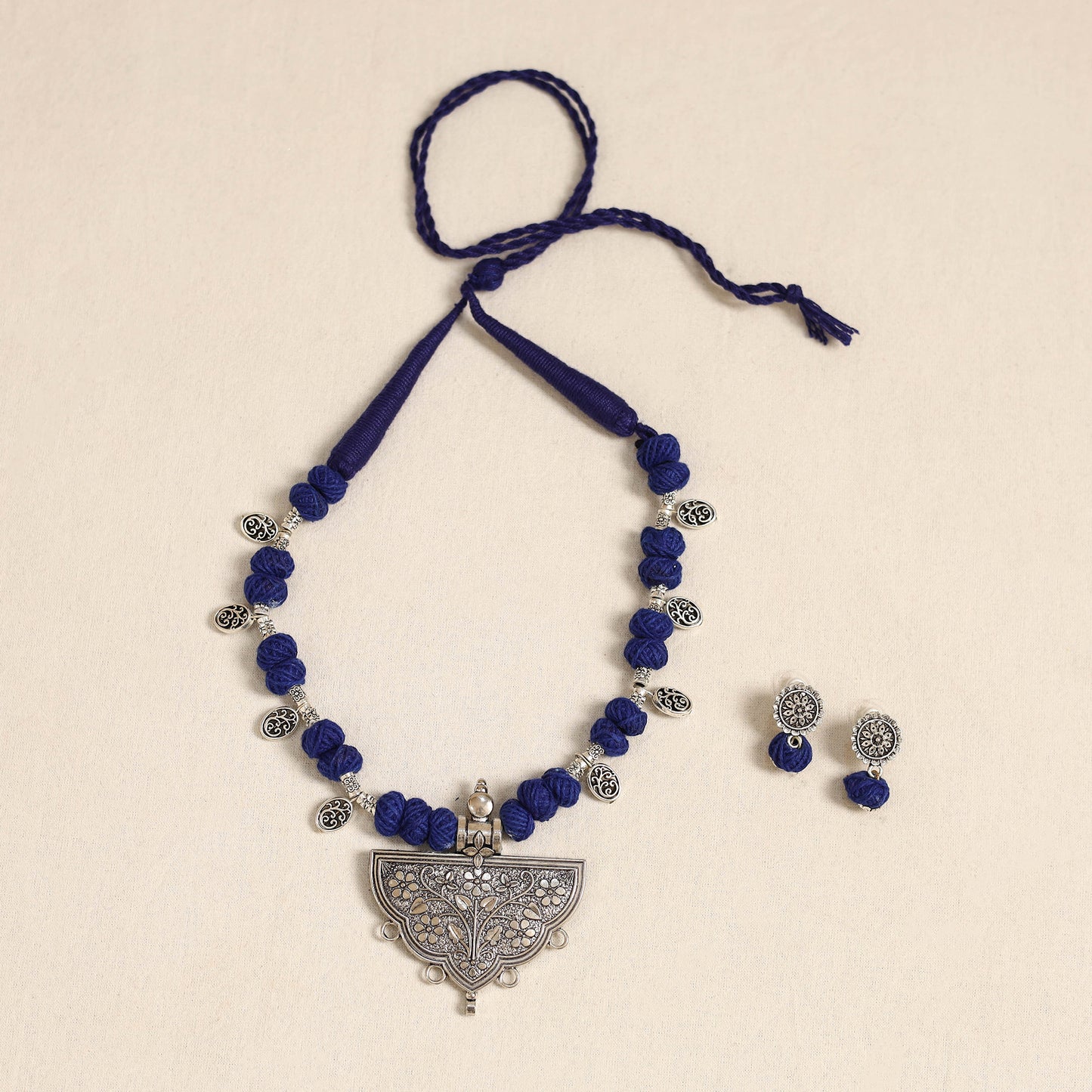 Blue - german silver thread beads necklace set 34