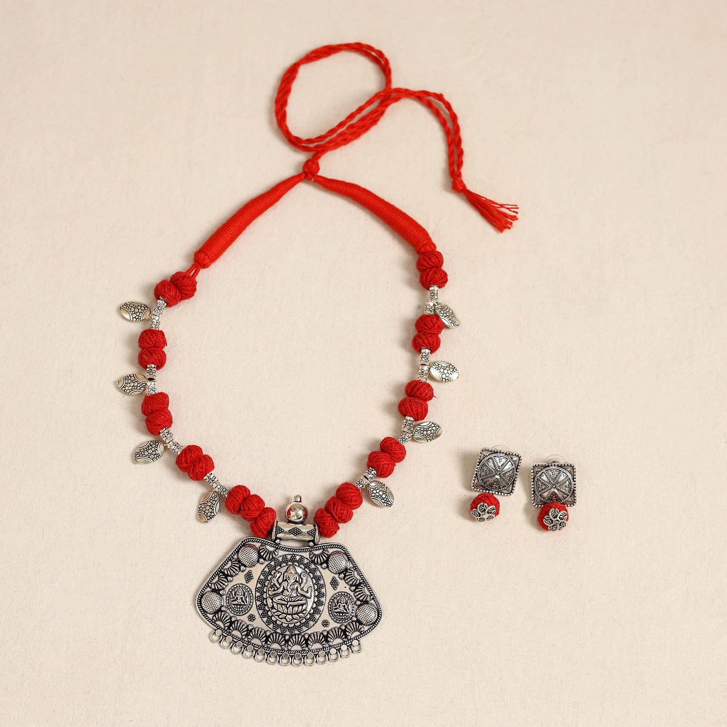 Red - german silver thread beads necklace set 33