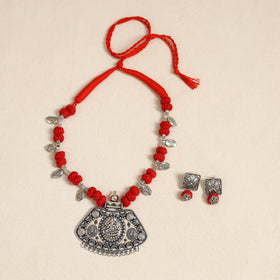 Red - german silver thread beads necklace set 33