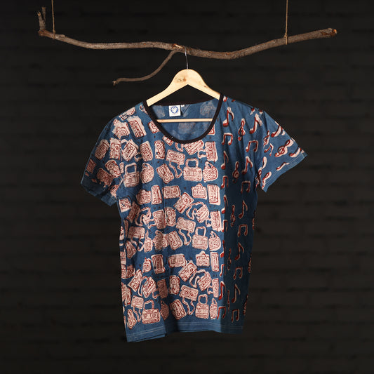 Blue - Bindaas Natural Dyed Art Block Print Unisex Round Neck T-shirt in Pure Cotton