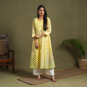 Yellow Tie-Dye Cotton A-Line Leheriya Kurta