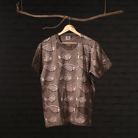 Brown - Bindaas Natural Dyed Art Block Print Round Neck T-shirt in Pure Cotton