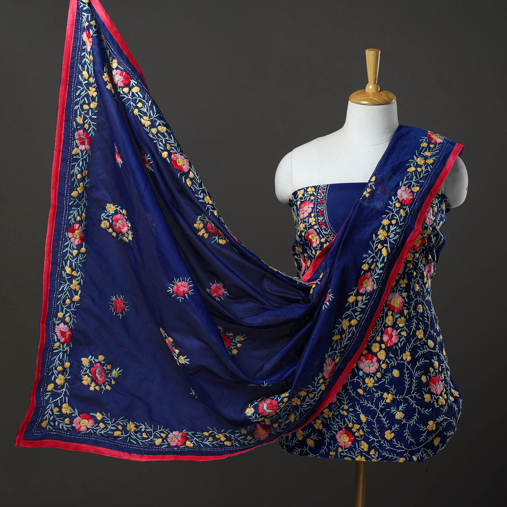 Blue - 3pc Hand Embroidery Chanderi Silk Phulkari Dress Material 91